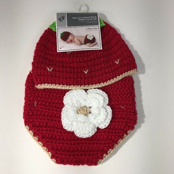 Hand Crocheted Hat And Diaper Cover Strawberry Sz 0-9 Months Infant Baby Photo - Picture 5 of 12